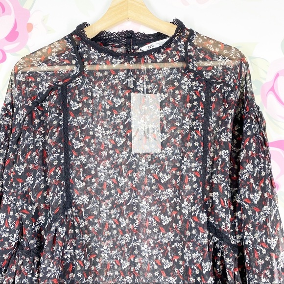 NEW ZARA Black Ditsy Floral Print Ruffle Sheer Blouse XL - Picture 2 of 11